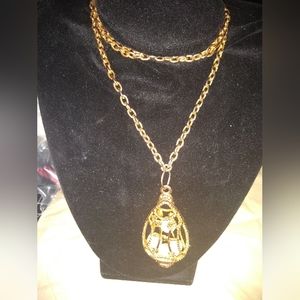 Vintage Gold Toned Long Necklace, 34 Inches, Four Caged Pearls